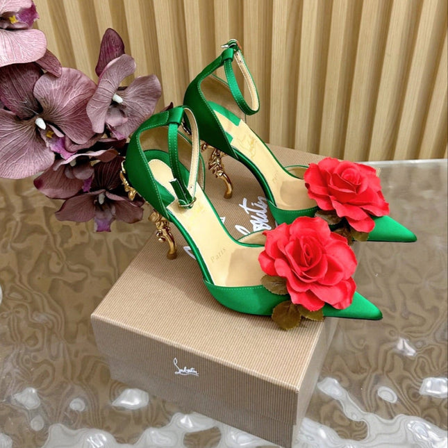 RED BELLAROSE STRAP PUMPS 110MM IN GREEN CREPE SATIN