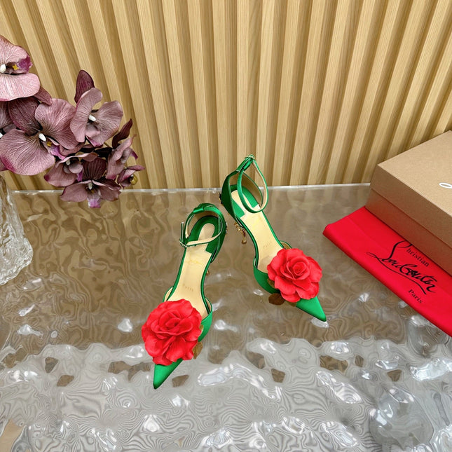 RED BELLAROSE STRAP PUMPS 110MM IN GREEN CREPE SATIN