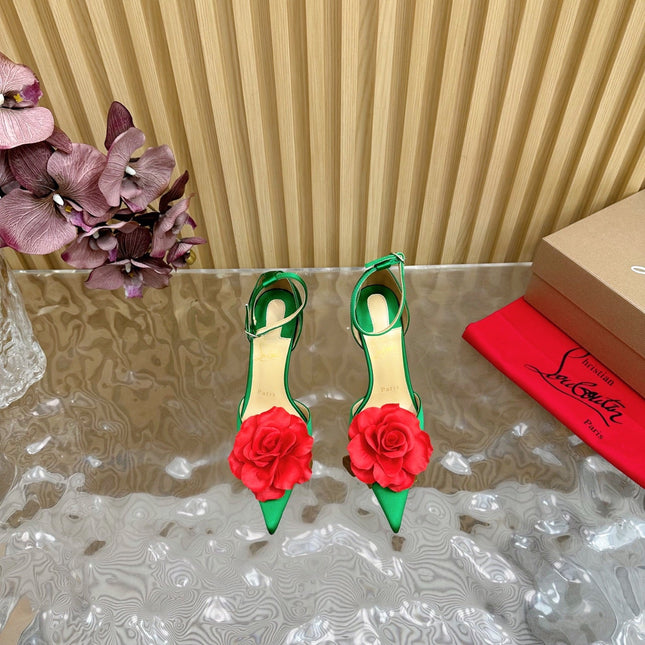 RED BELLAROSE STRAP PUMPS 110MM IN GREEN CREPE SATIN