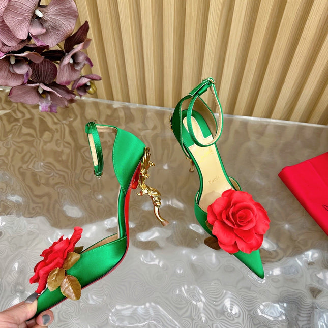 RED BELLAROSE STRAP PUMPS 110MM IN GREEN CREPE SATIN