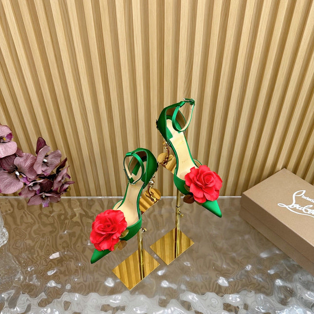 RED BELLAROSE STRAP PUMPS 110MM IN GREEN CREPE SATIN