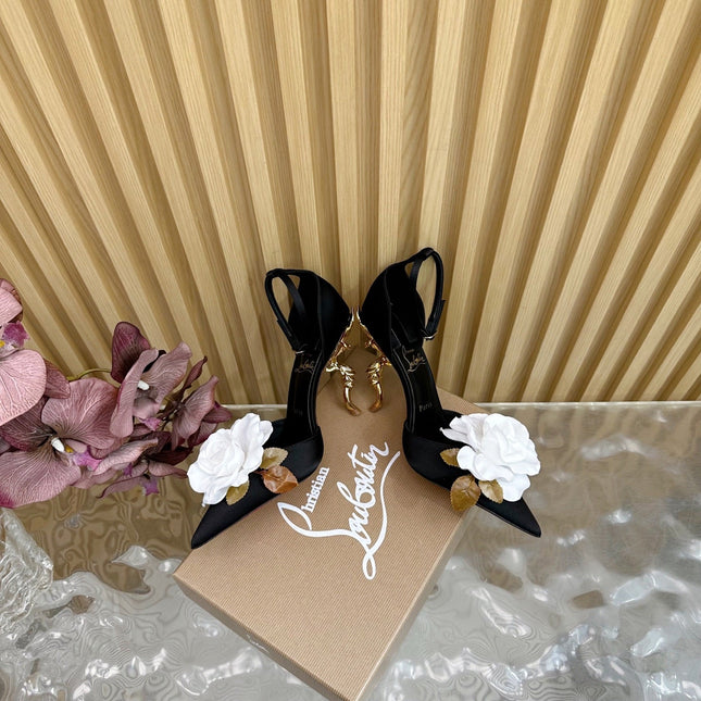 WHITE BELLAROSE STRAP PUMPS 110MM IN BLACK CREPE SATIN