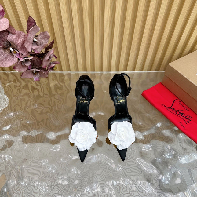 WHITE BELLAROSE STRAP PUMPS 110MM IN BLACK CREPE SATIN