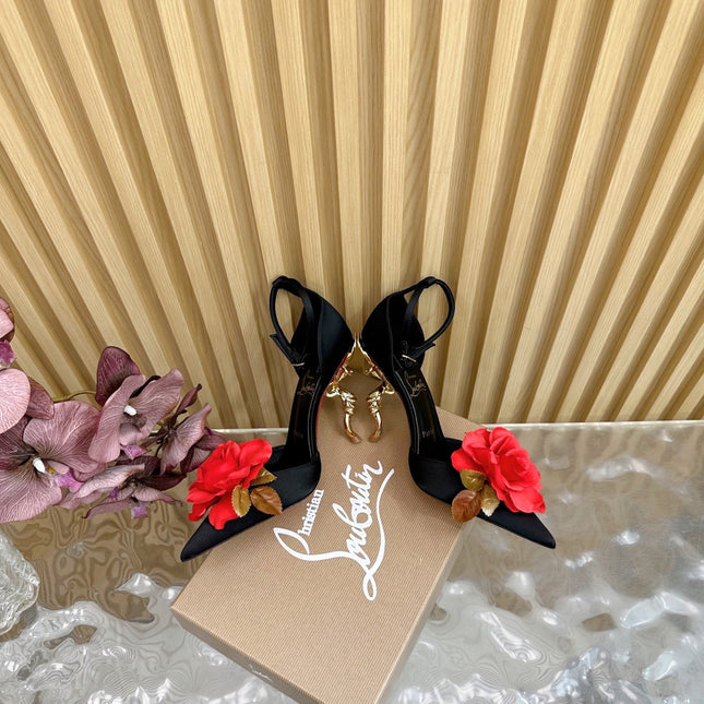 RED BELLAROSE STRAP PUMPS 110MM IN BLACK CREPE SATIN