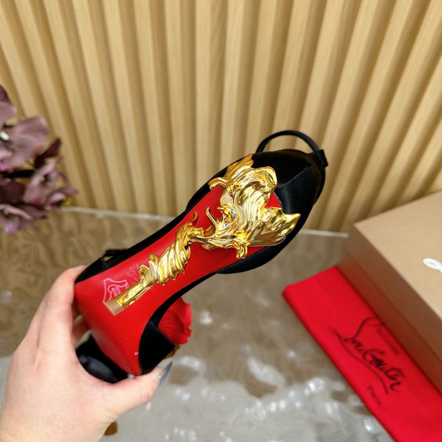RED BELLAROSE STRAP PUMPS 110MM IN BLACK CREPE SATIN