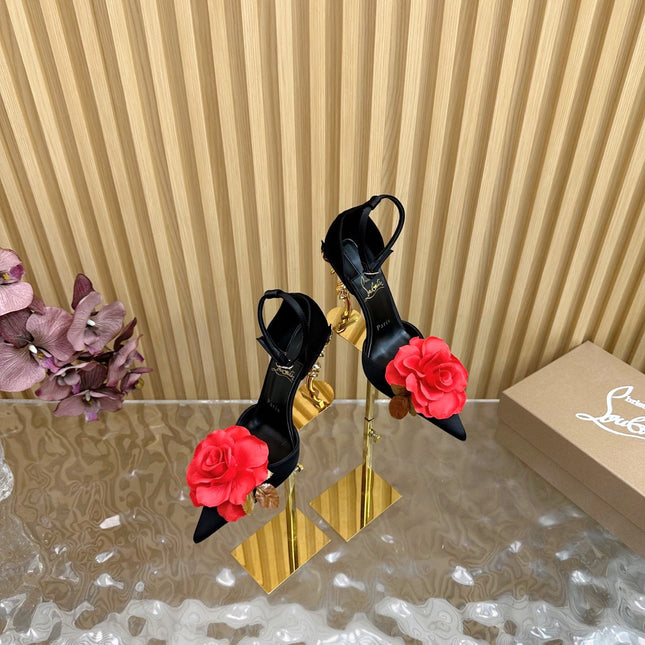 RED BELLAROSE STRAP PUMPS 110MM IN BLACK CREPE SATIN