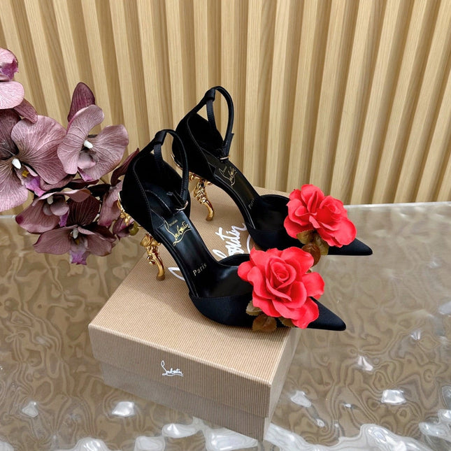 RED BELLAROSE STRAP PUMPS 110MM IN BLACK CREPE SATIN