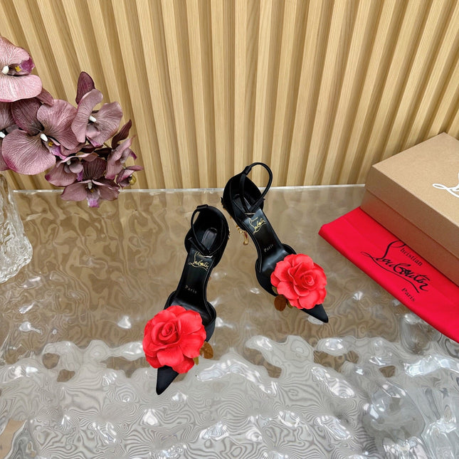 RED BELLAROSE STRAP PUMPS 110MM IN BLACK CREPE SATIN
