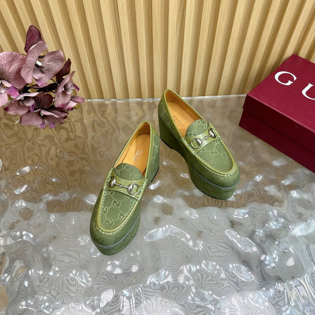 GG HIGH LOAFER IN MOSS GREEN FABRIC WITH EMBOSSED LOGO