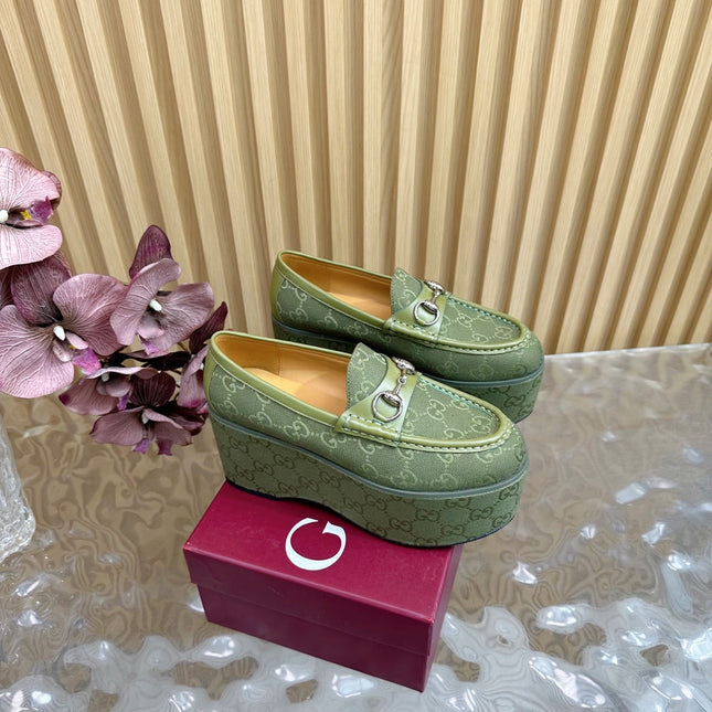 GG HIGH LOAFER IN MOSS GREEN FABRIC WITH EMBOSSED LOGO