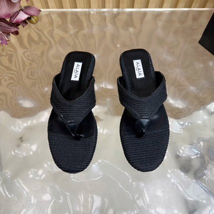 ALAIA PLATFORM THONG SANDALS 25S IN BLACK RAFFIA AND CALFSKIN