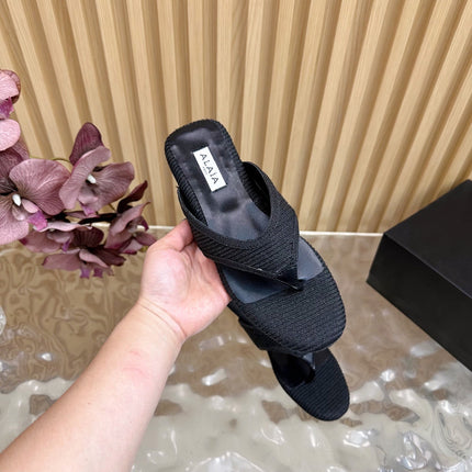 ALAIA PLATFORM THONG SANDALS 25S IN BLACK RAFFIA AND CALFSKIN