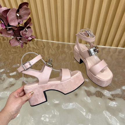 HM 25S CLASSIC WEDGE SANDALS 70 MM IN LIGHT PINK LAMBSKIN WITH SILVER HARDWARE