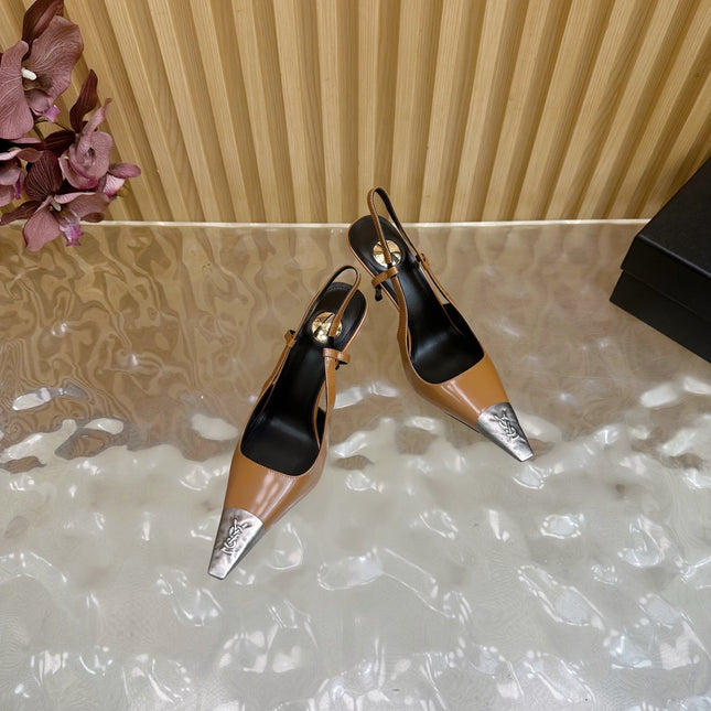 YSL 25S HIGH-HEEL SLINGBACKS 85 MM IN CAMEL BROWN LAMBSKIN AND SILVER HARDWARE