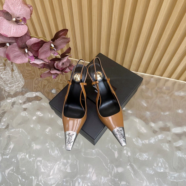 YSL 25S HIGH-HEEL SLINGBACKS 105 MM IN CAMEL BROWN LAMBSKIN AND SILVER HARDWARE