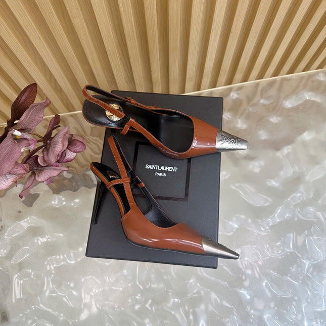 YSL 25S HIGH-HEEL SLINGBACKS 85 MM IN REDWOOD BROWN LAMBSKIN AND SILVER HARDWARE