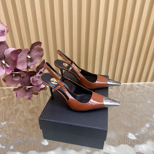 YSL 25S HIGH-HEEL SLINGBACKS 85 MM IN REDWOOD BROWN LAMBSKIN AND SILVER HARDWARE