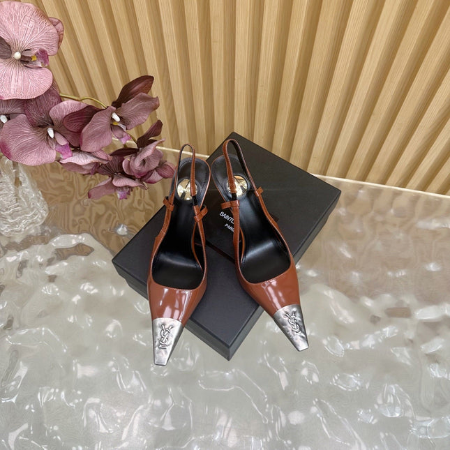 YSL 25S HIGH-HEEL SLINGBACKS 85 MM IN REDWOOD BROWN LAMBSKIN AND SILVER HARDWARE
