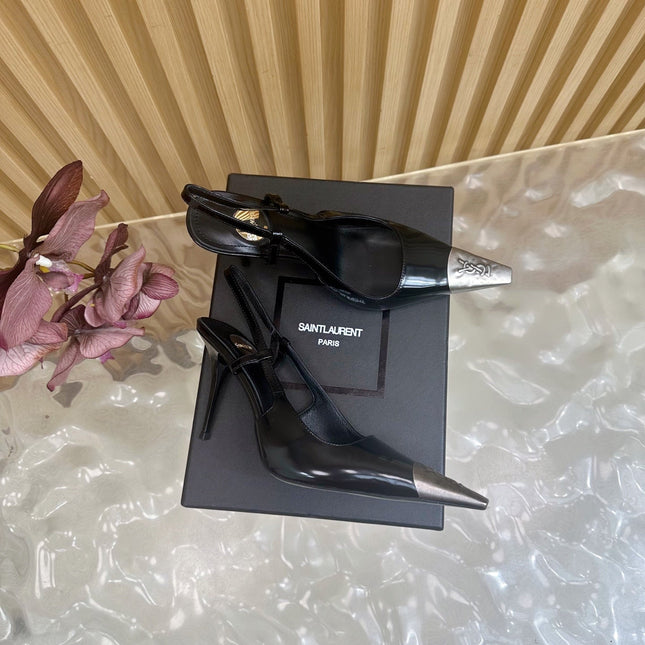 YSL 25S HIGH-HEEL SLINGBACKS 105 MM IN BLACK SHINY LAMBSKIN AND SILVER HARDWARE