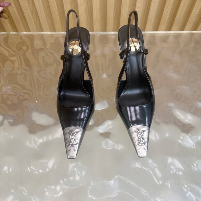 YSL 25S HIGH-HEEL SLINGBACKS 85 MM IN BLACK SHINY LAMBSKIN AND SILVER HARDWARE