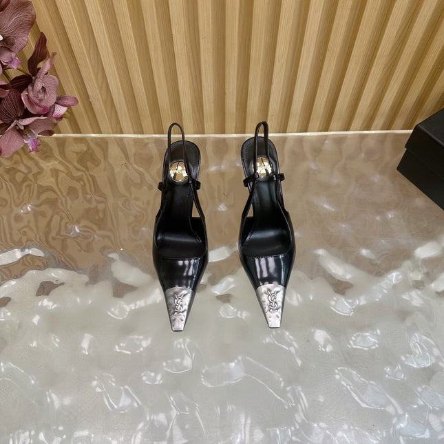 YSL 25S HIGH-HEEL SLINGBACKS 105 MM IN BLACK SHINY LAMBSKIN AND SILVER HARDWARE