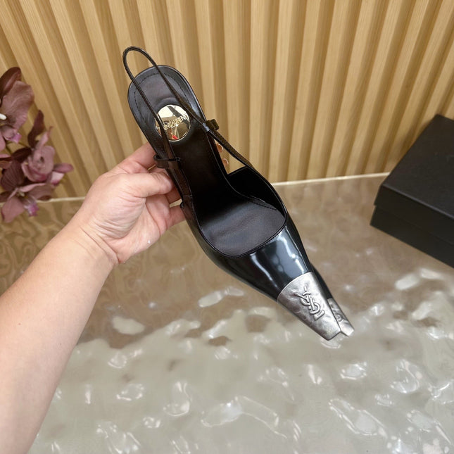 YSL 25S HIGH-HEEL SLINGBACKS 105 MM IN BLACK SHINY LAMBSKIN AND SILVER HARDWARE