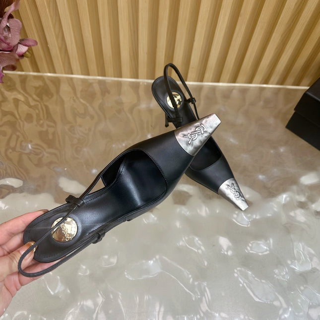 YSL 25S HIGH-HEEL SLINGBACKS 85 MM IN BLACK LAMBSKIN AND SILVER HARDWARE