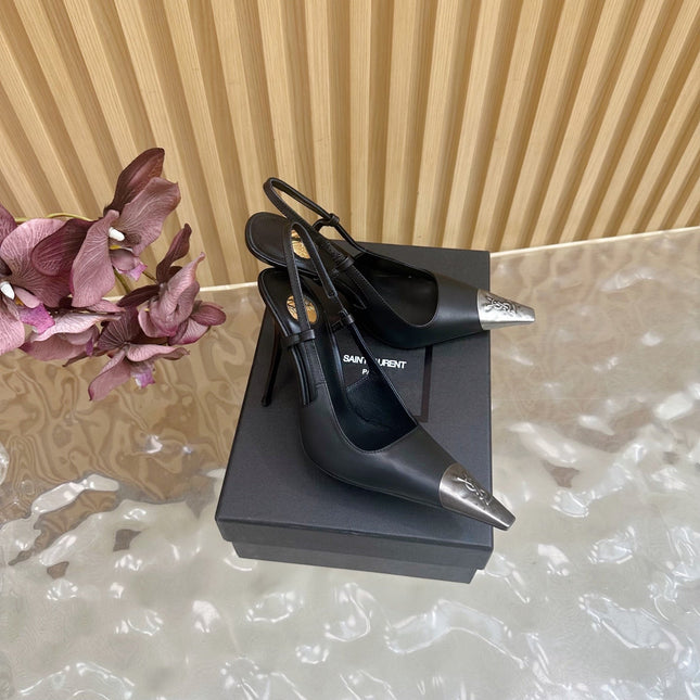 YSL 25S HIGH-HEEL SLINGBACKS 105 MM IN BLACK LAMBSKIN AND SILVER HARDWARE
