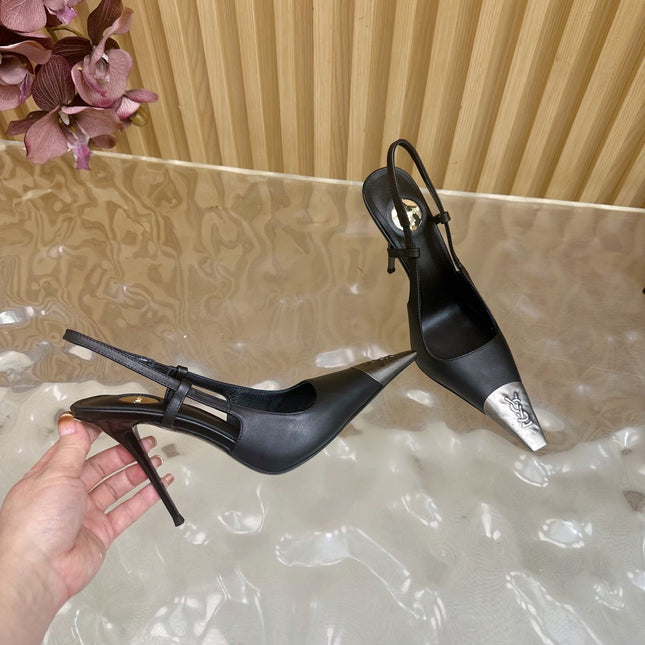 YSL 25S HIGH-HEEL SLINGBACKS 105 MM IN BLACK LAMBSKIN AND SILVER HARDWARE