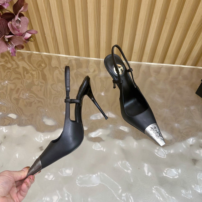 YSL 25S HIGH-HEEL SLINGBACKS 85 MM IN BLACK LAMBSKIN AND SILVER HARDWARE