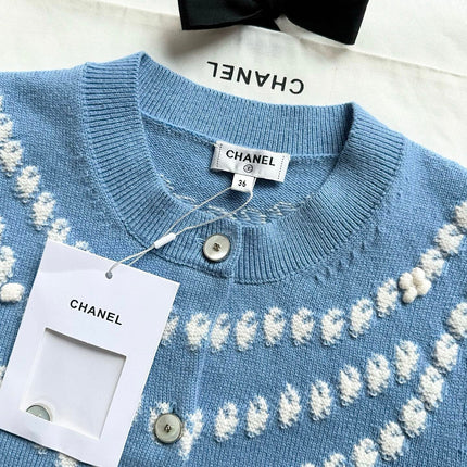 Chanel 25P Cardigan Light Blue Mix White Cashmere 237300