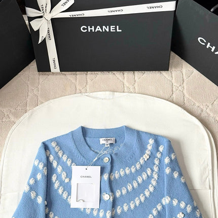 Chanel 25P Cardigan Light Blue Mix White Cashmere 237300