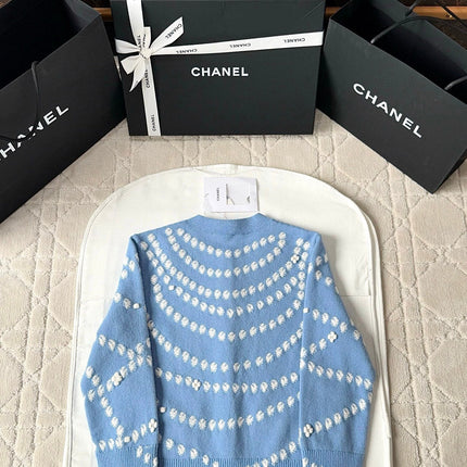 Chanel 25P Cardigan Light Blue Mix White Cashmere 237300