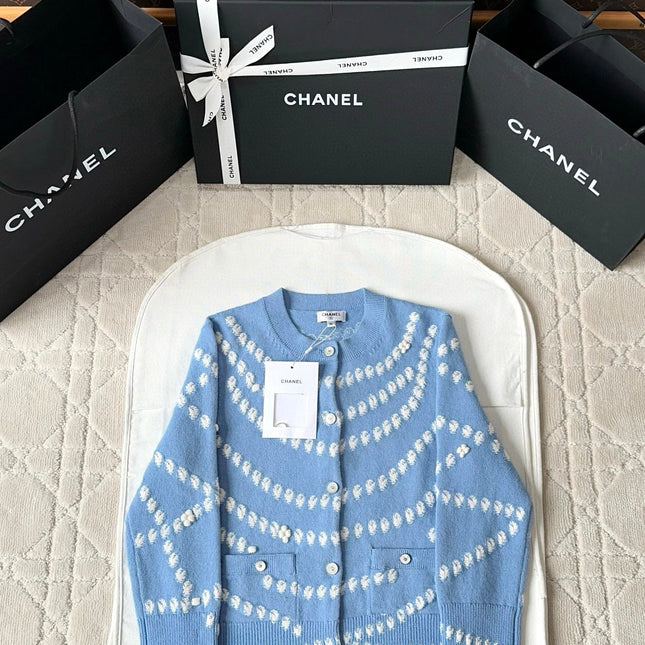 Chanel 25P Cardigan Light Blue Mix White Cashmere 237300