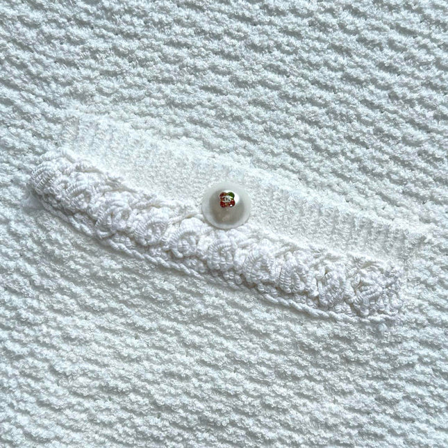 Chanel 25P Long-Sleeve Top White Tweed Pearl Buttons 237299
