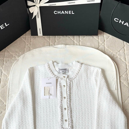 Chanel 25P Long-Sleeve Top White Tweed Pearl Buttons 237299