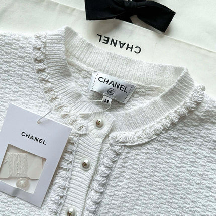 Chanel 25P Long-Sleeve Top White Tweed Pearl Buttons 237299