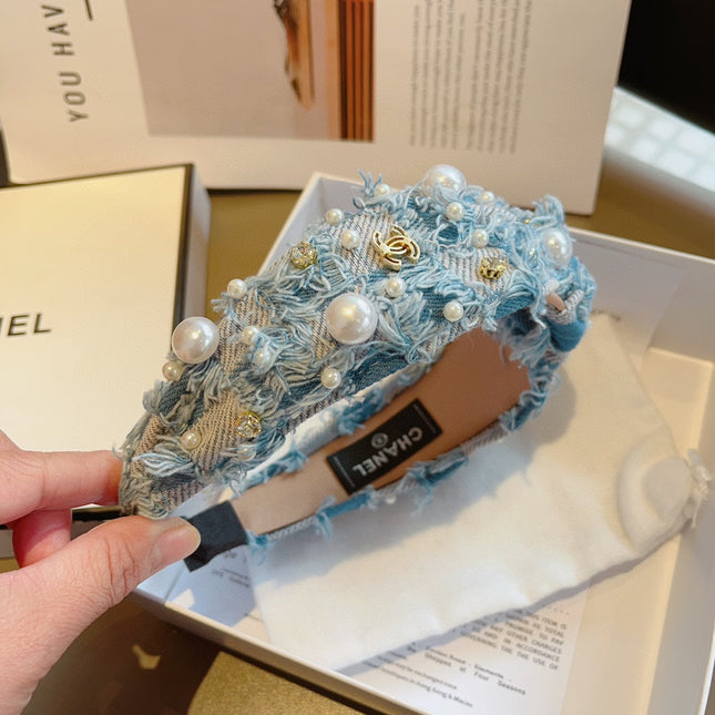 LIGHT BLUE MIX PALE GRAY FABRIC HAIRBAND WITH PEARL 410863