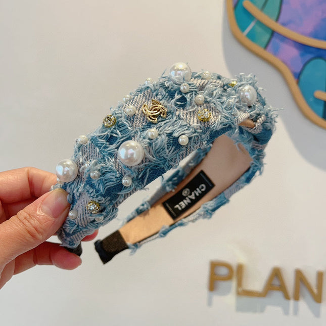 LIGHT BLUE MIX PALE GRAY FABRIC HAIRBAND WITH PEARL 410863