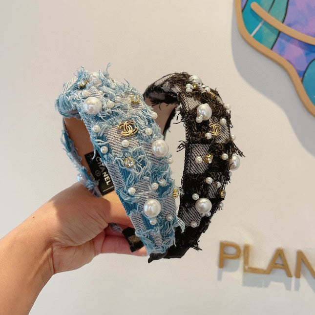 LIGHT BLUE MIX PALE GRAY FABRIC HAIRBAND WITH PEARL 410863