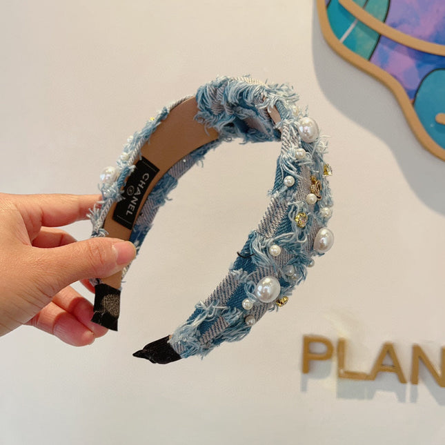 LIGHT BLUE MIX PALE GRAY FABRIC HAIRBAND WITH PEARL 410863