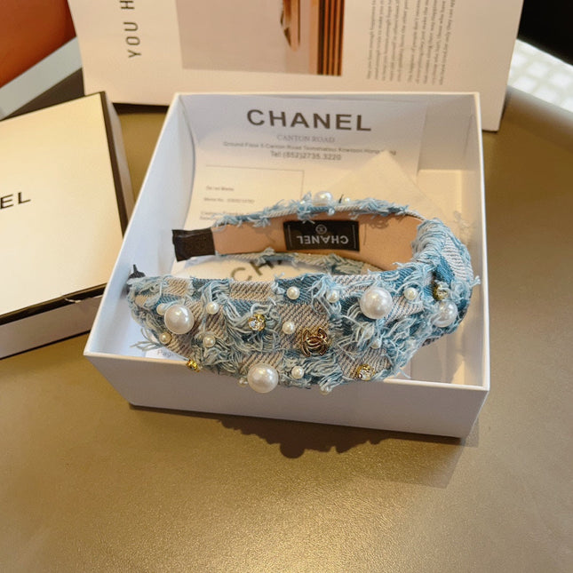 LIGHT BLUE MIX PALE GRAY FABRIC HAIRBAND WITH PEARL 410863