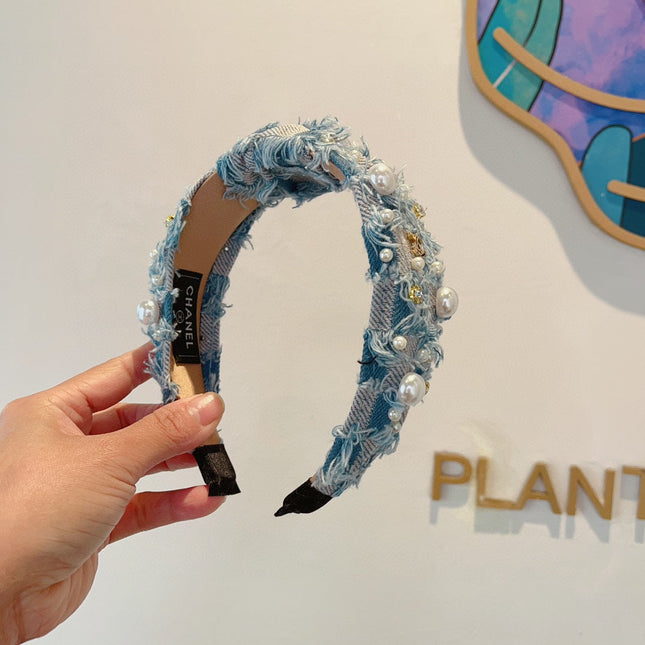 LIGHT BLUE MIX PALE GRAY FABRIC HAIRBAND WITH PEARL 410863