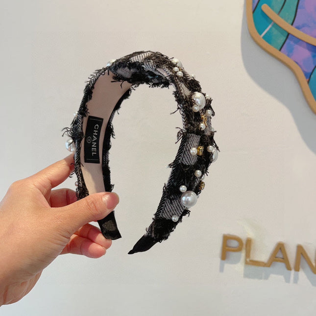 BLACK MIX PALE GRAY FABRIC HAIRBAND WITH PEARL 410864