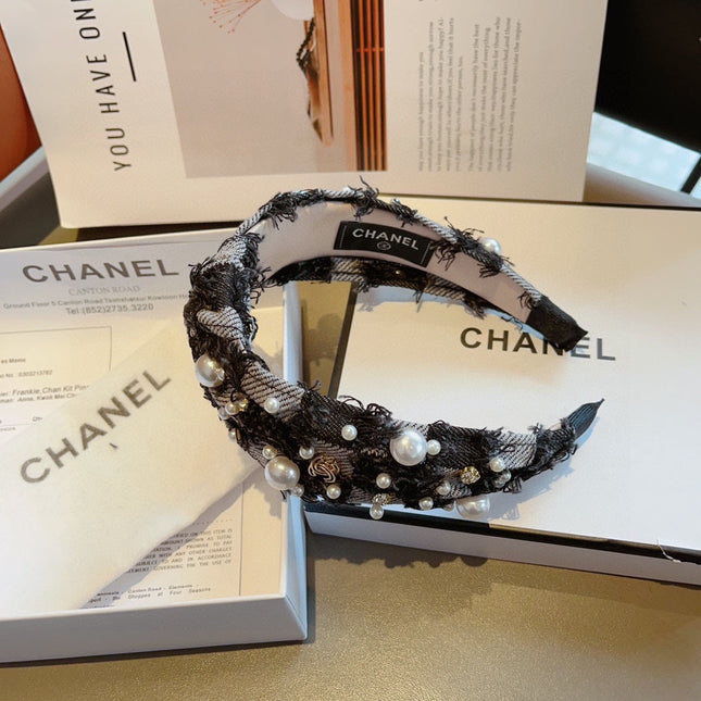 BLACK MIX PALE GRAY FABRIC HAIRBAND WITH PEARL 410864