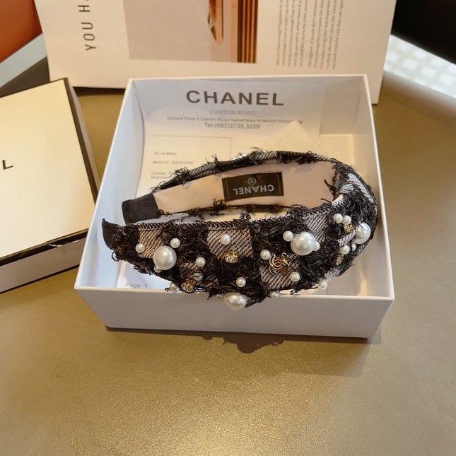BLACK MIX PALE GRAY FABRIC HAIRBAND WITH PEARL 410864