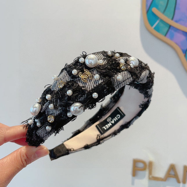 BLACK MIX PALE GRAY FABRIC HAIRBAND WITH PEARL 410864