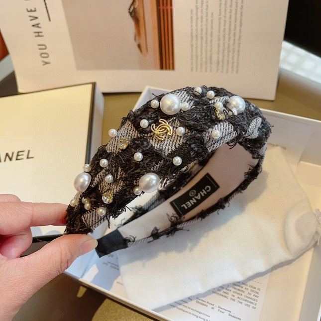 BLACK MIX PALE GRAY FABRIC HAIRBAND WITH PEARL 410864