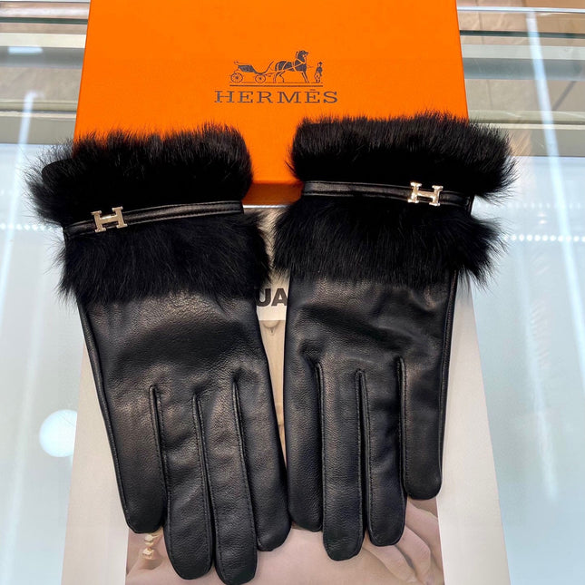 GLOVES WITH H LETTER IN BLACK SHEEPSKIN AND LAMB FUR 409344