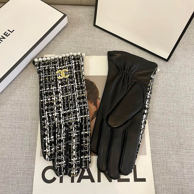 GLOVES IN BLACK MIX WHITE WOOL TWEED AND SHEEPSKIN 463846